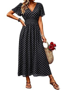 Chic Polka Dot Maxi Dress for Summer Weddings | Long Dress with Pockets